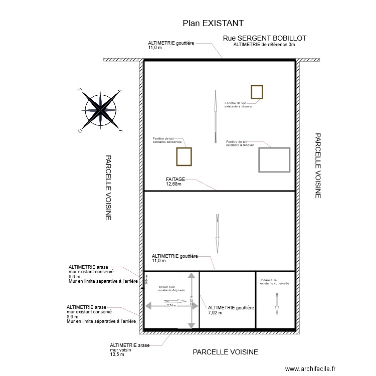 plan toiture et terrasse EXISTANT. Plan de 7 pièces et 110 m2