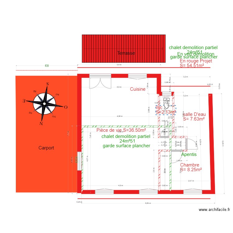 demolition et Projet cgalet 124. Plan de 5 pièces et 25 m2