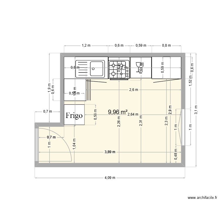 meubles bas. Plan de 1 pièce et 10 m2