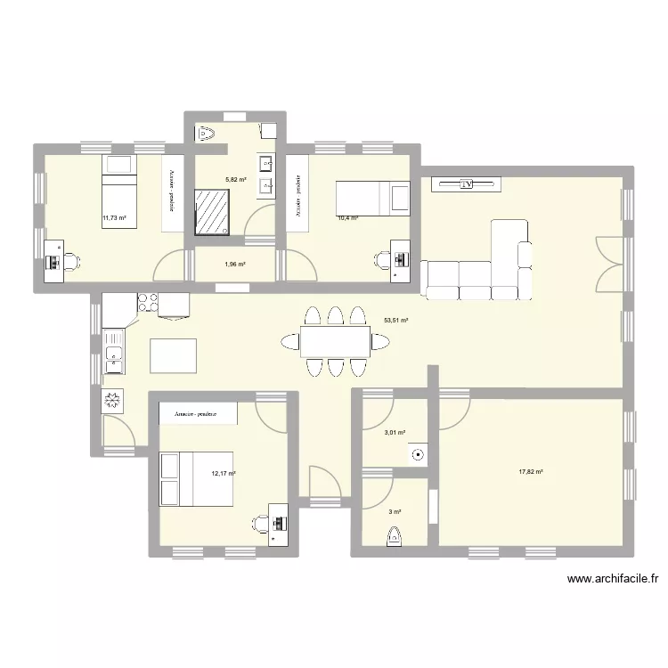 Plan 3 chambres. Plan de 9  et 119 m²