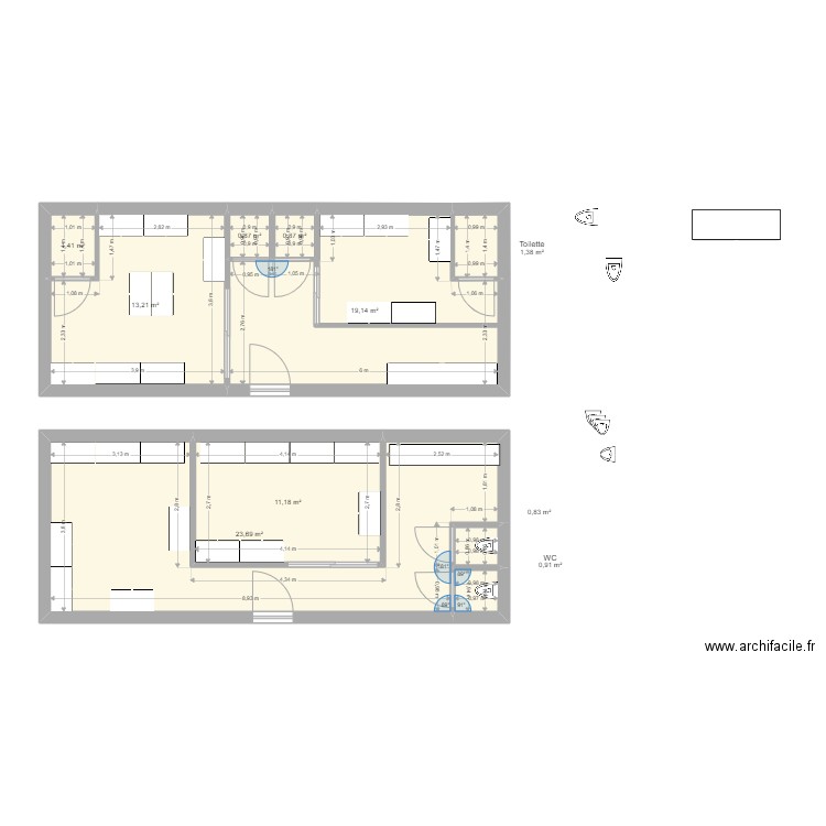 Vestiaire Linga. Plan de 10 pièces et 73 m2