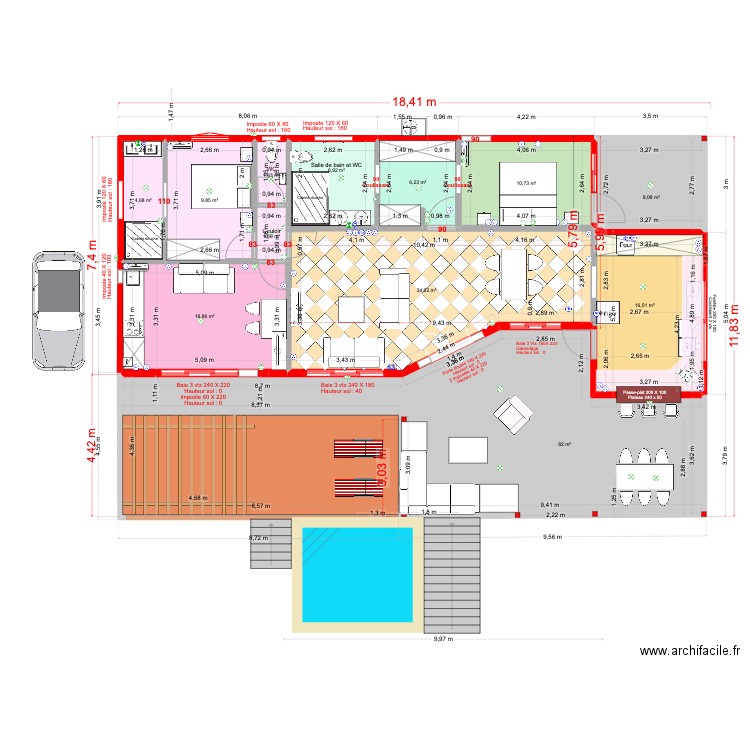 Villa Cocotte Ducos cata 1. Plan de 20 pièces et 322 m2