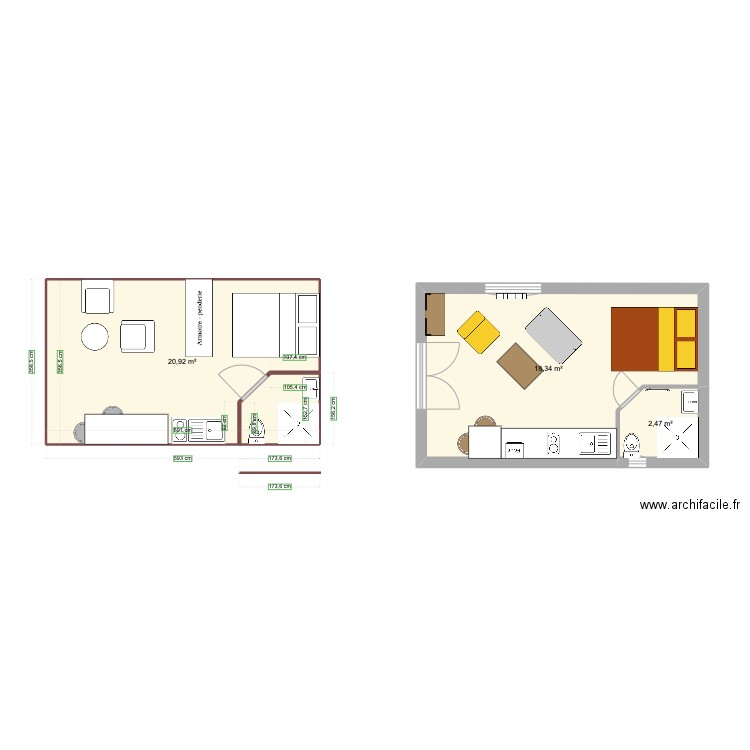 studio cotes finales. Plan de 3 pièces et 42 m2