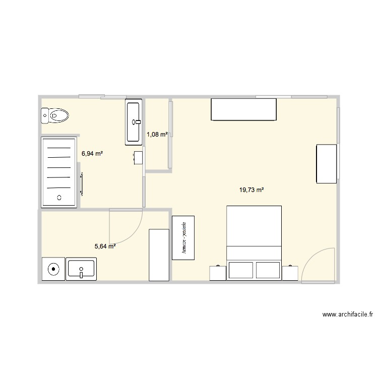 20211220 chambre sdb buanderie V2 meublée. Plan de 4 pièces et 33 m2