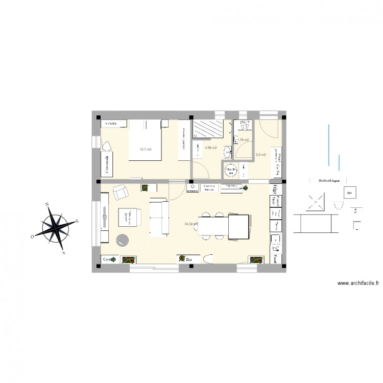 PG appart plain pied pignon ouest 58m 1 sections 4.5. Plan de 5 pièces et 59 m2