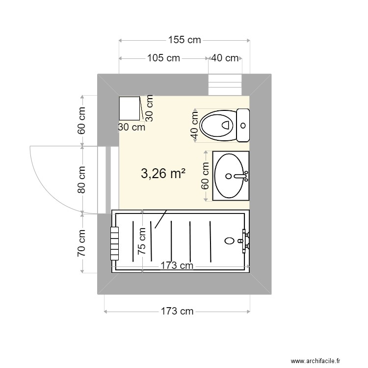 Plan de Salle de Bain n°2. Plan de 1 pièce et 3 m2