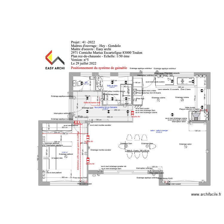 projet rez-de-chaussée Hey Gondolo Gainable . Plan de 5 pièces et 67 m2