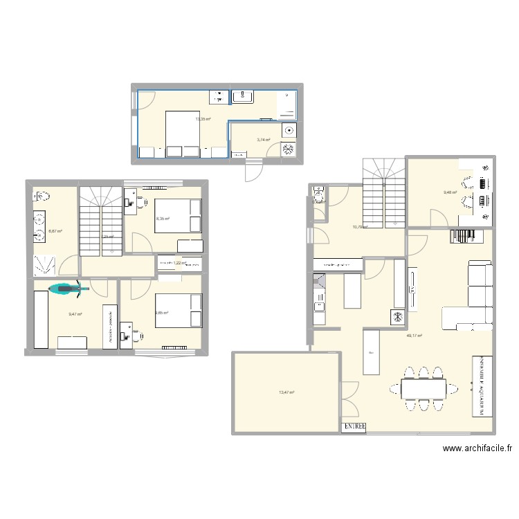 chambre parental. Plan de 13 pièces et 143 m2