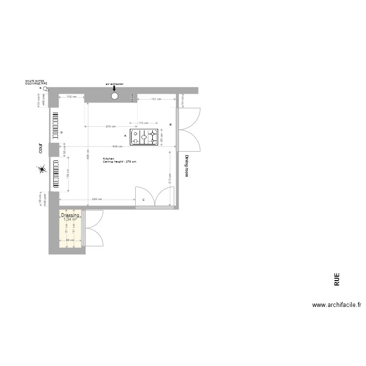 Cuisine etude 4. Plan de 1 pièce et 1 m2