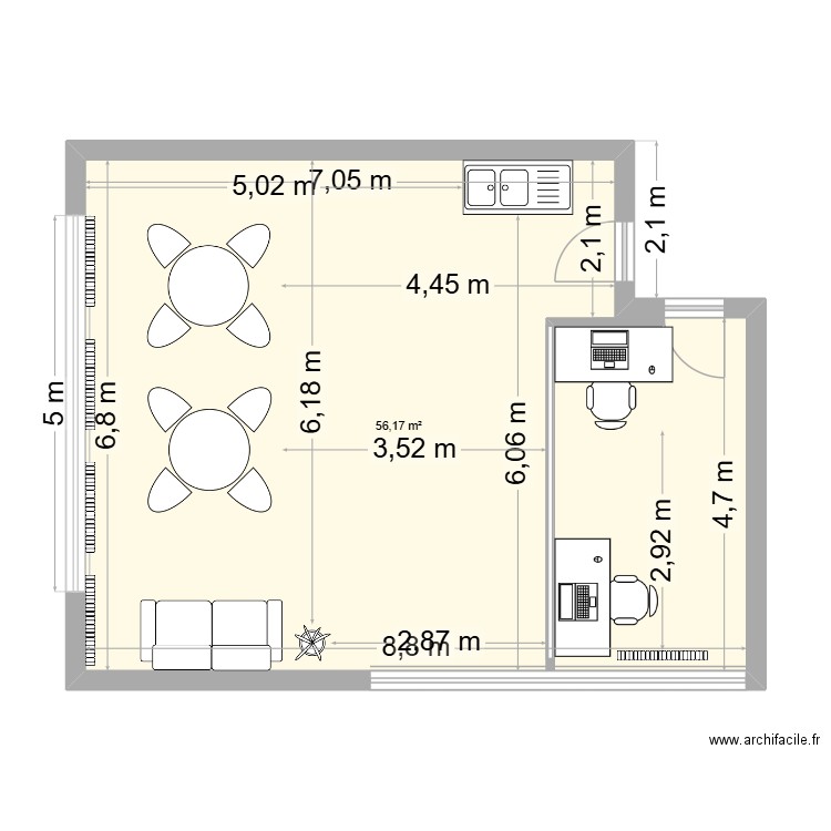 salle de pause. Plan de 1 pièce et 56 m2