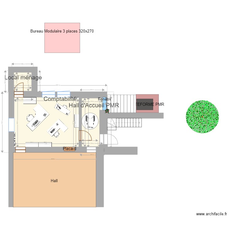 Amenagement bureau compta. Plan de 3 pièces et 38 m2