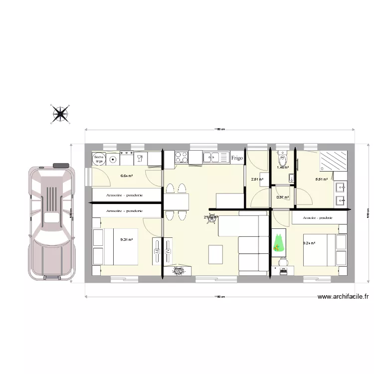 Maison T3 Plein pied. Plan de 