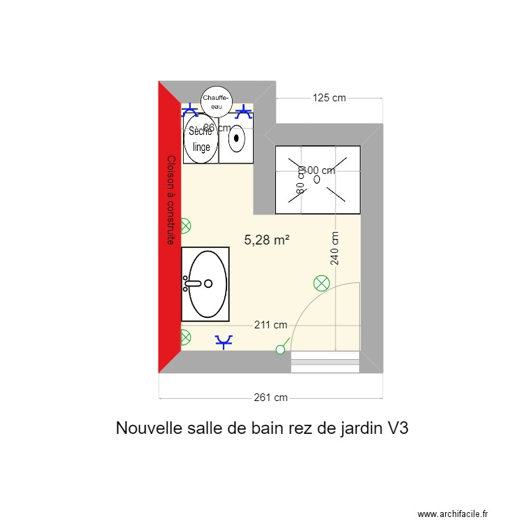 Nouvelle salle de bain rez de jardin. Plan de 1 pièce et 5 m2