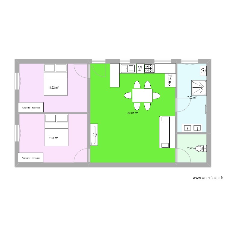 amenagement gite 2 chambres. Plan de 5 pièces et 62 m2