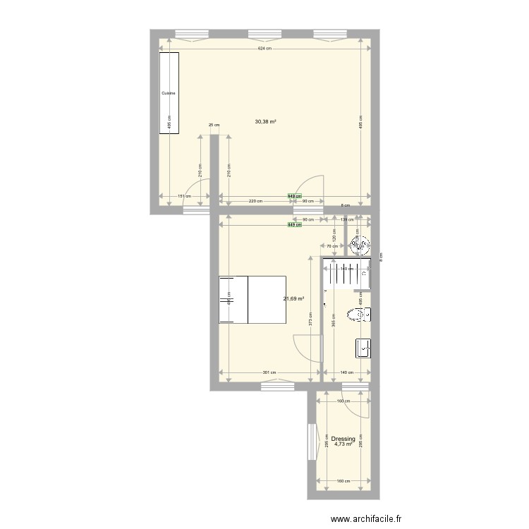 Appartement 1er étage. Plan de 3 pièces et 57 m2