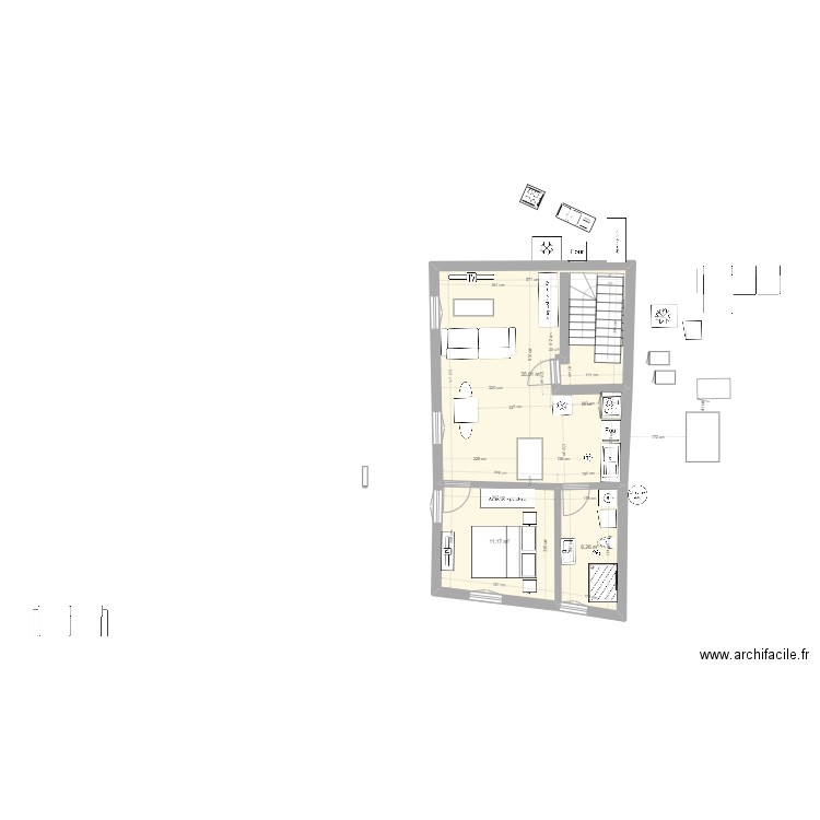 plan boucherie 1 er etage plan f2 n*1. Plan de 3 pièces et 53 m2