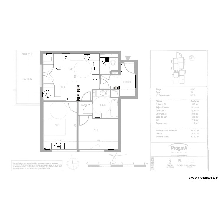 Appart T3 v3. Plan de 8 pièces et 59 m2