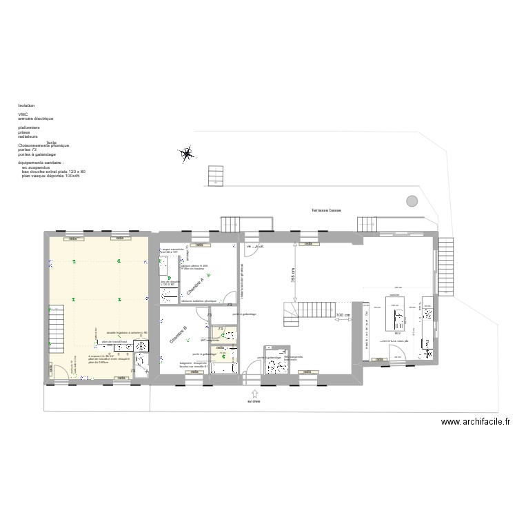 projet aménagement rdc cloisons. Plan de 5 pièces et 57 m2