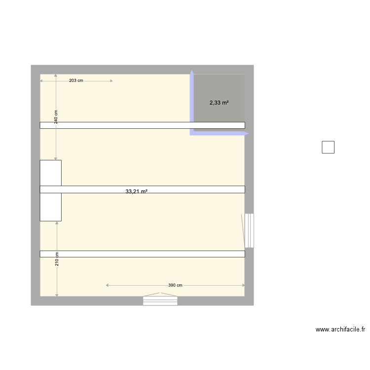 Maison Bleue toit. Plan de 2 pièces et 36 m2