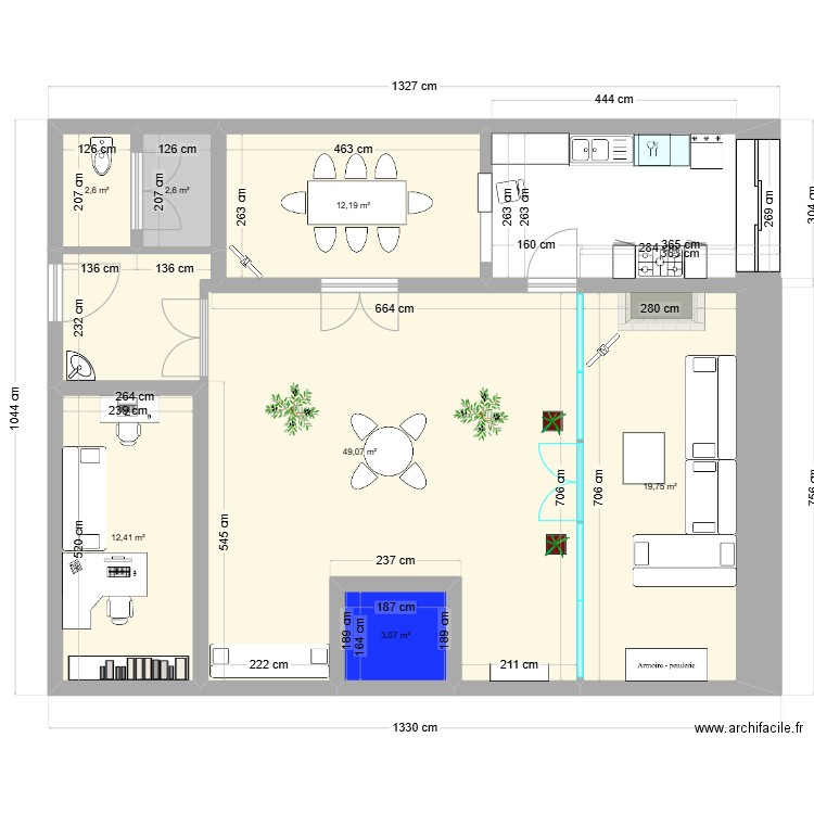 Riad RDC. Plan de 7 pièces et 102 m2