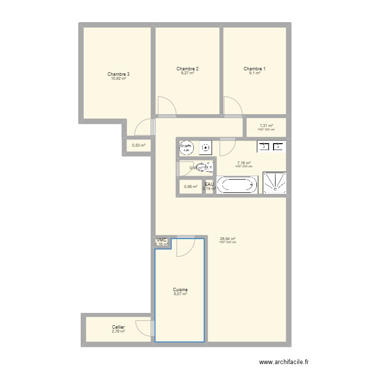 Agencement 2 sdb + cuisine. Plan de 13 pièces et 78 m2