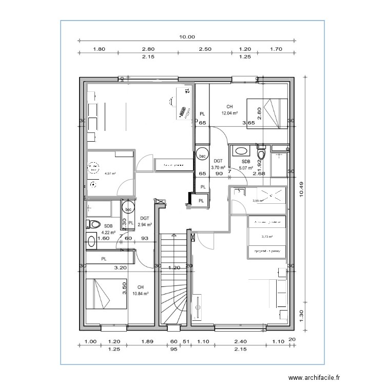 étage avec travaux. Plan de 3 pièces et 12 m2