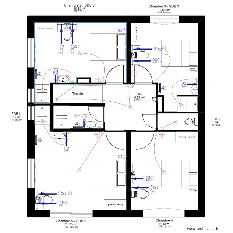 Plan LAMY RENOVATION V4 avec meubles. Plan de 21 pièces et 155 m2