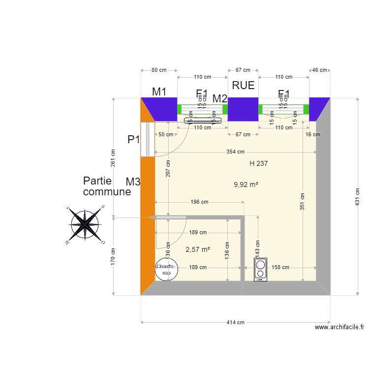 GLOCK. Plan de 2 pièces et 13 m2