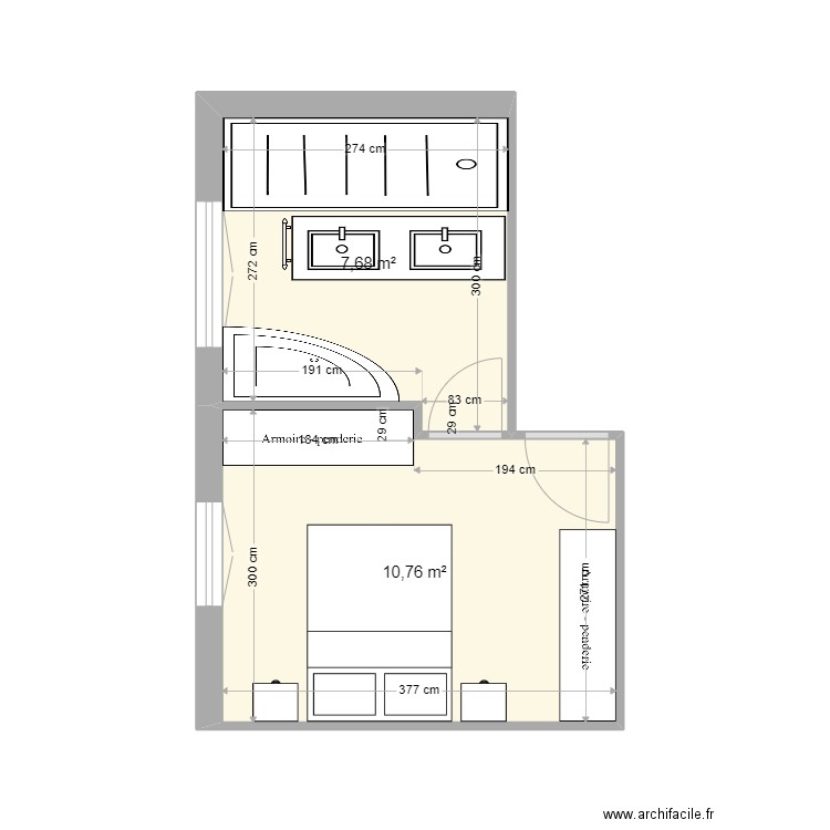 chambre parentale V2. Plan de 2 pièces et 18 m2