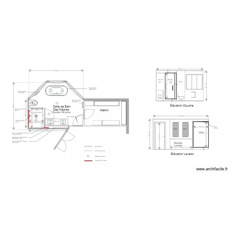 Salle de bain des maitre Nathalie mur soufl&eacute; lavabo. Plan de 