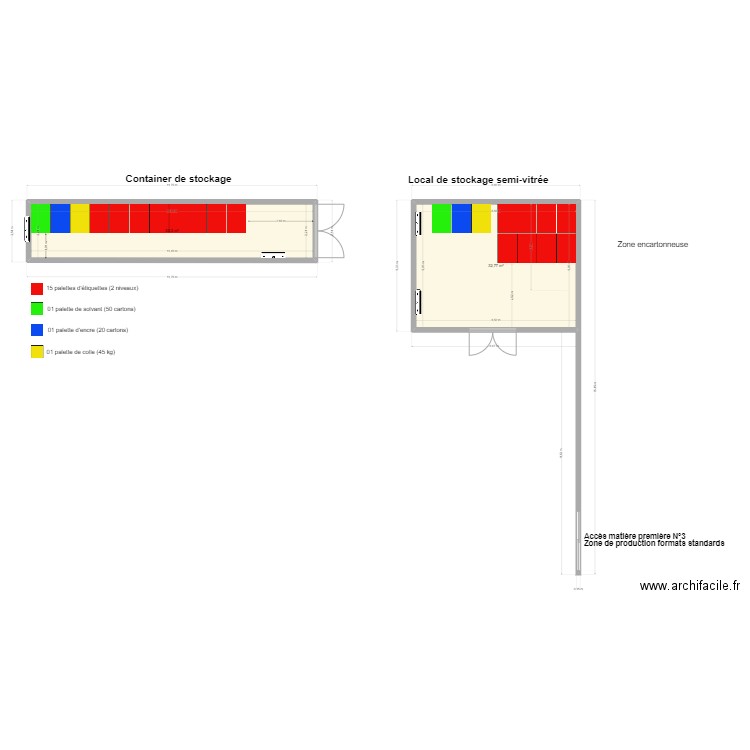 Plan container de stockage climatisé. Plan de 2 pièces et 58 m2