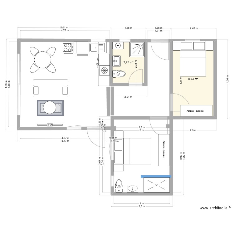 agrandissement F2 cuisine séjour. Plan de 2 pièces et 12 m2