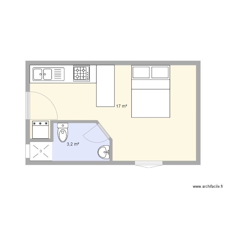 chambre prive. Plan de 2 pièces et 20 m2