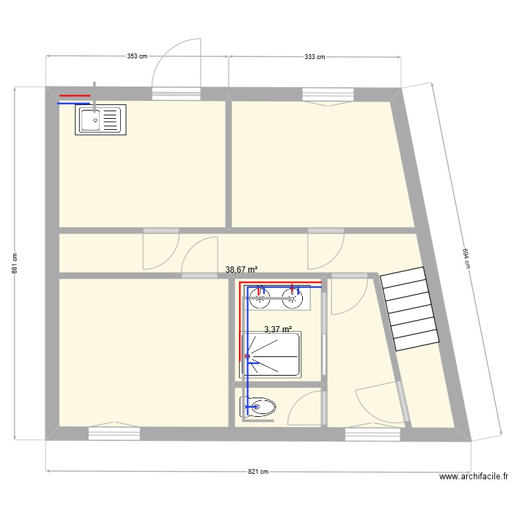 1er étage avec plomberie. Plan de 2 pièces et 47 m2