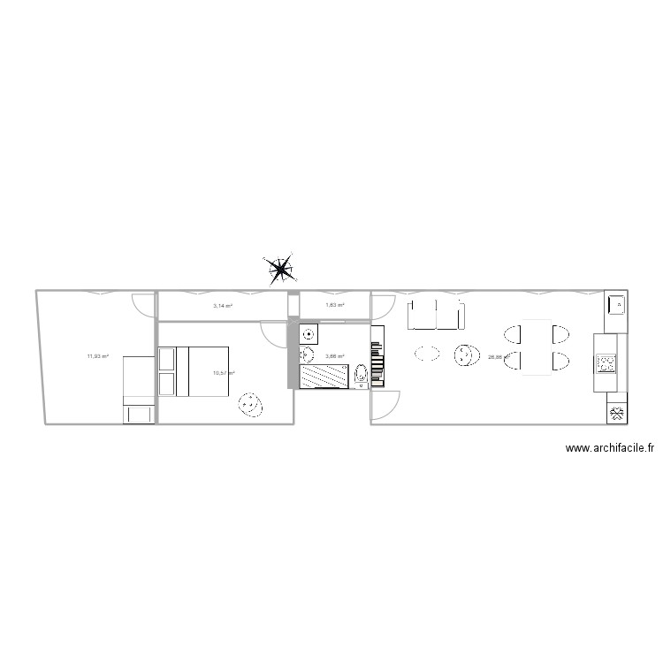 Hélène 2. Plan de 6 pièces et 58 m2