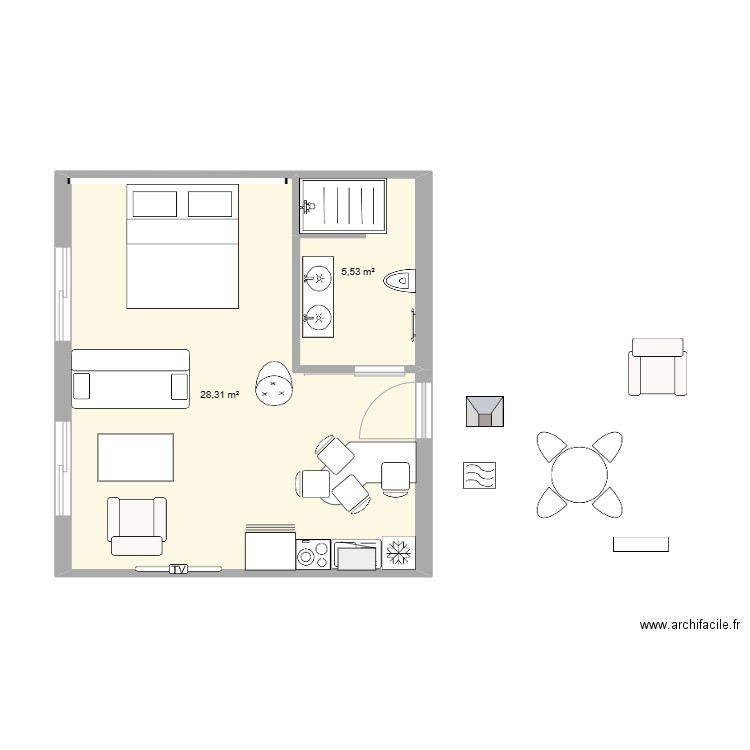 chambre apparthotel. Plan de 2 pièces et 34 m2