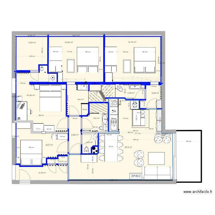 Plan projet meublé du 03 mai 2025. Plan de 21 pièces et 110 m2