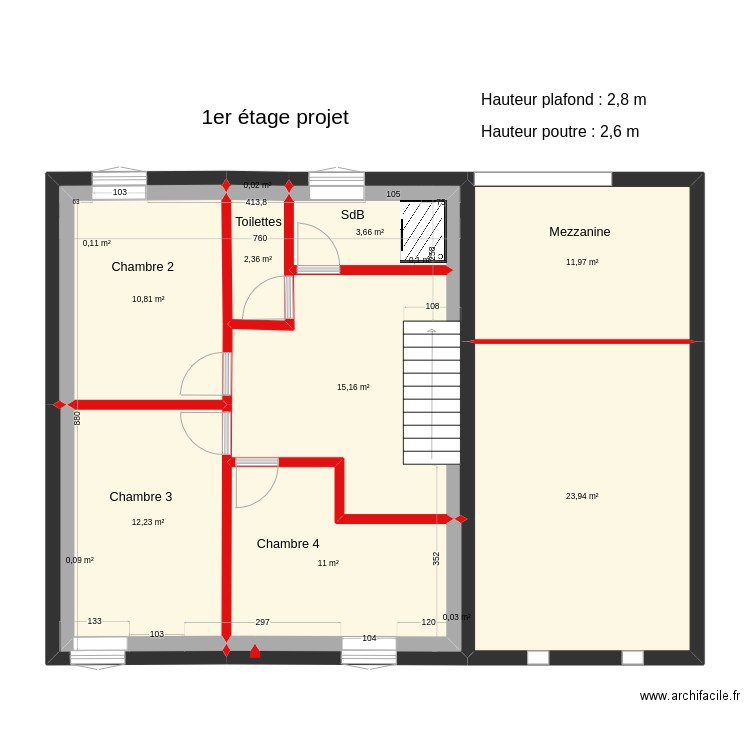 1er étage projet. Plan de 13 pièces et 91 m2