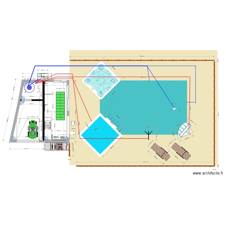 piscine carré. Plan de 2 pièces et 23 m2