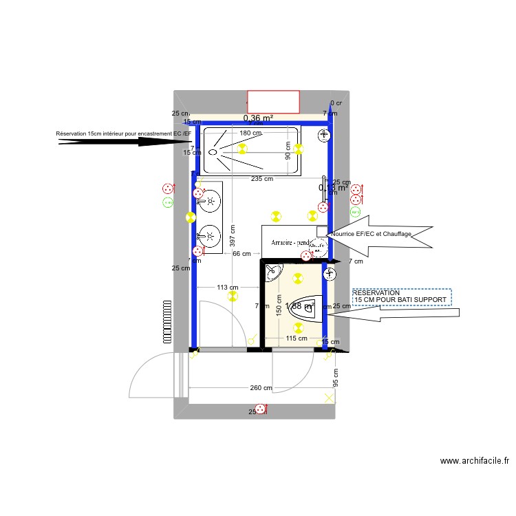 SALLE DE BAINS. Plan de 3 pièces et 2 m2