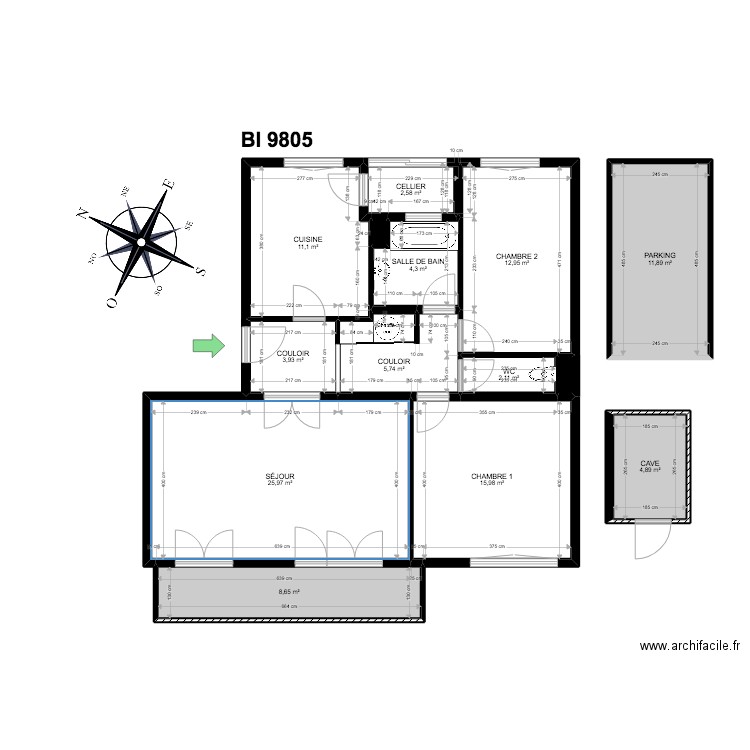 BI 9805. Plan de 14 pièces et 111 m2