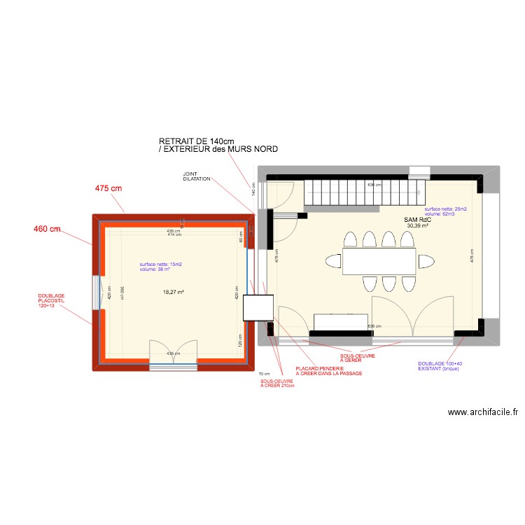 EXTENSION (cuisine) + SàM RdC avec VOLUME (clim) BASTIDON. Plan de 2 pièces et 49 m2