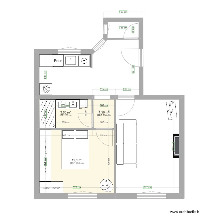 SCI MAM SALLE DE BAIN CHAMBRE CUISINE. Plan de 3 pièces et 17 m2