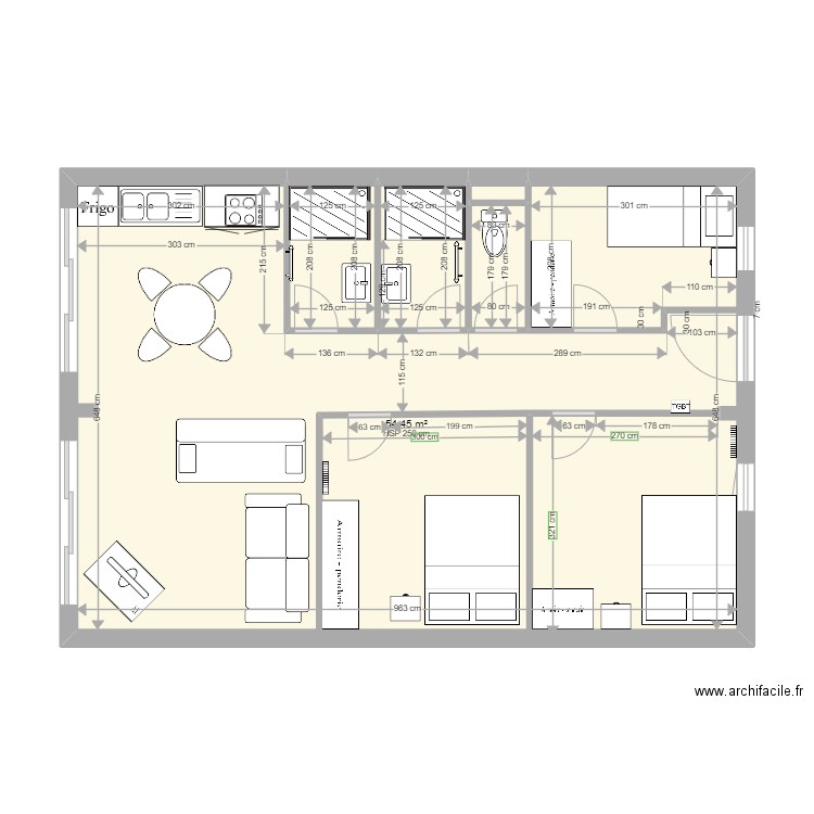 Plagne soleil V4. Plan de 5 pièces et 61 m2