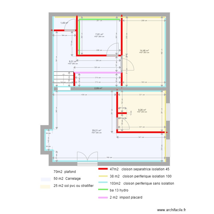 appart 1er etage placo 3 sans ext. Plan de 7 pièces et 74 m2