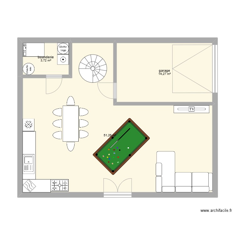 rez de chausse . Plan de 3 pièces et 69 m2