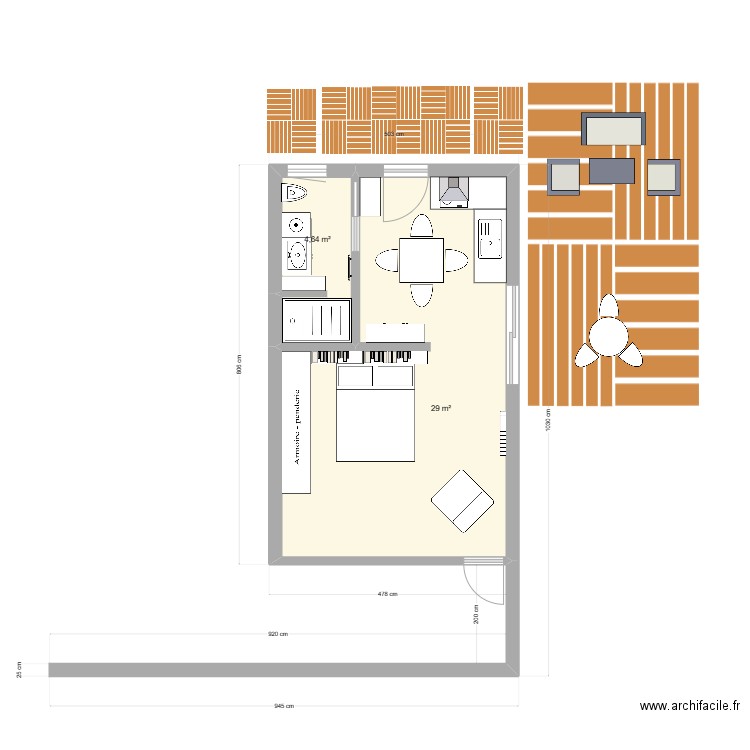 Studio Payas. Plan de 2 pièces et 34 m2