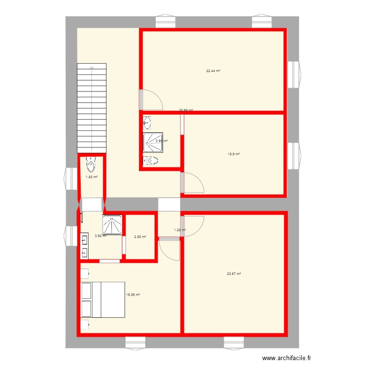 partie nuit avec murs bloqués et fenetres suite. Plan de 0 pièce et 0 m2