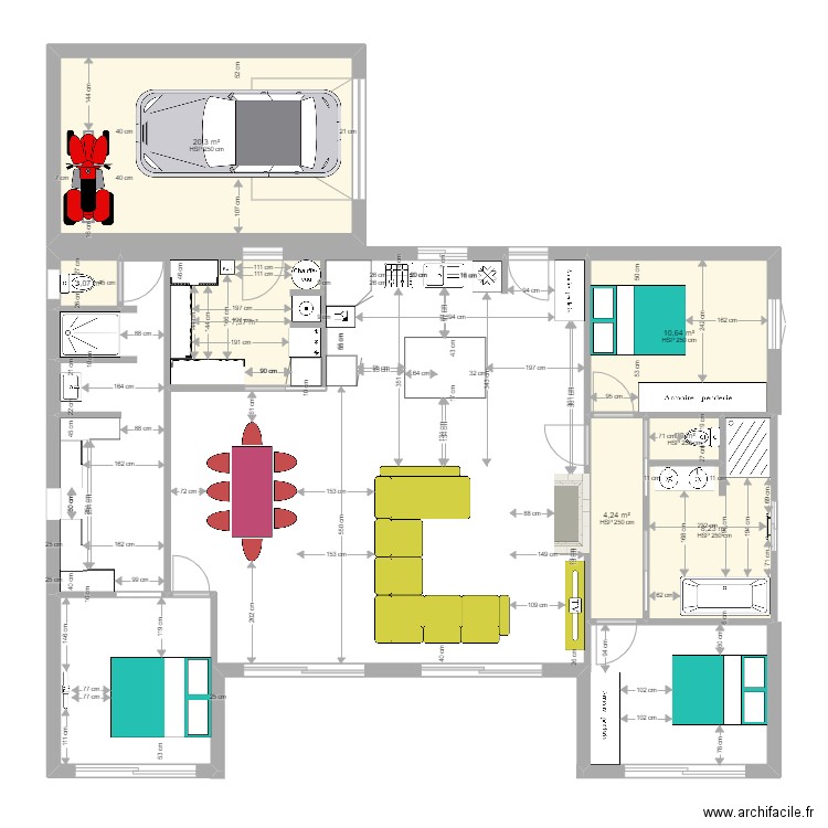 carboni en U. Plan de 7 pièces et 53 m2