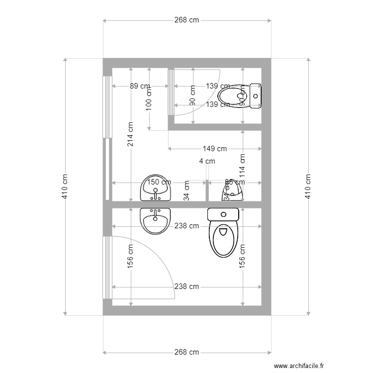 Toilette Handicape. Plan de 3 pièces et 9 m2